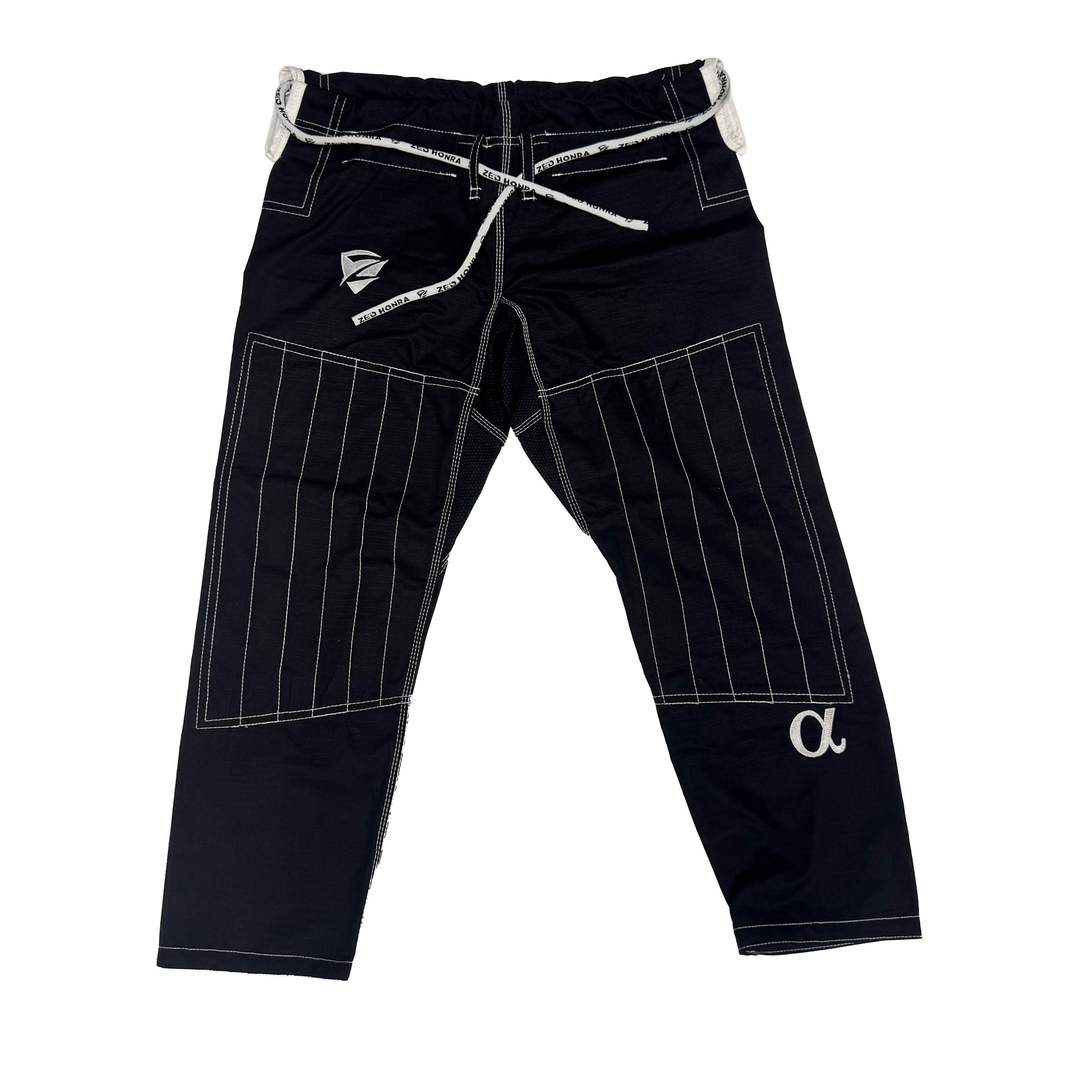 Black pants with white stitching on a white background