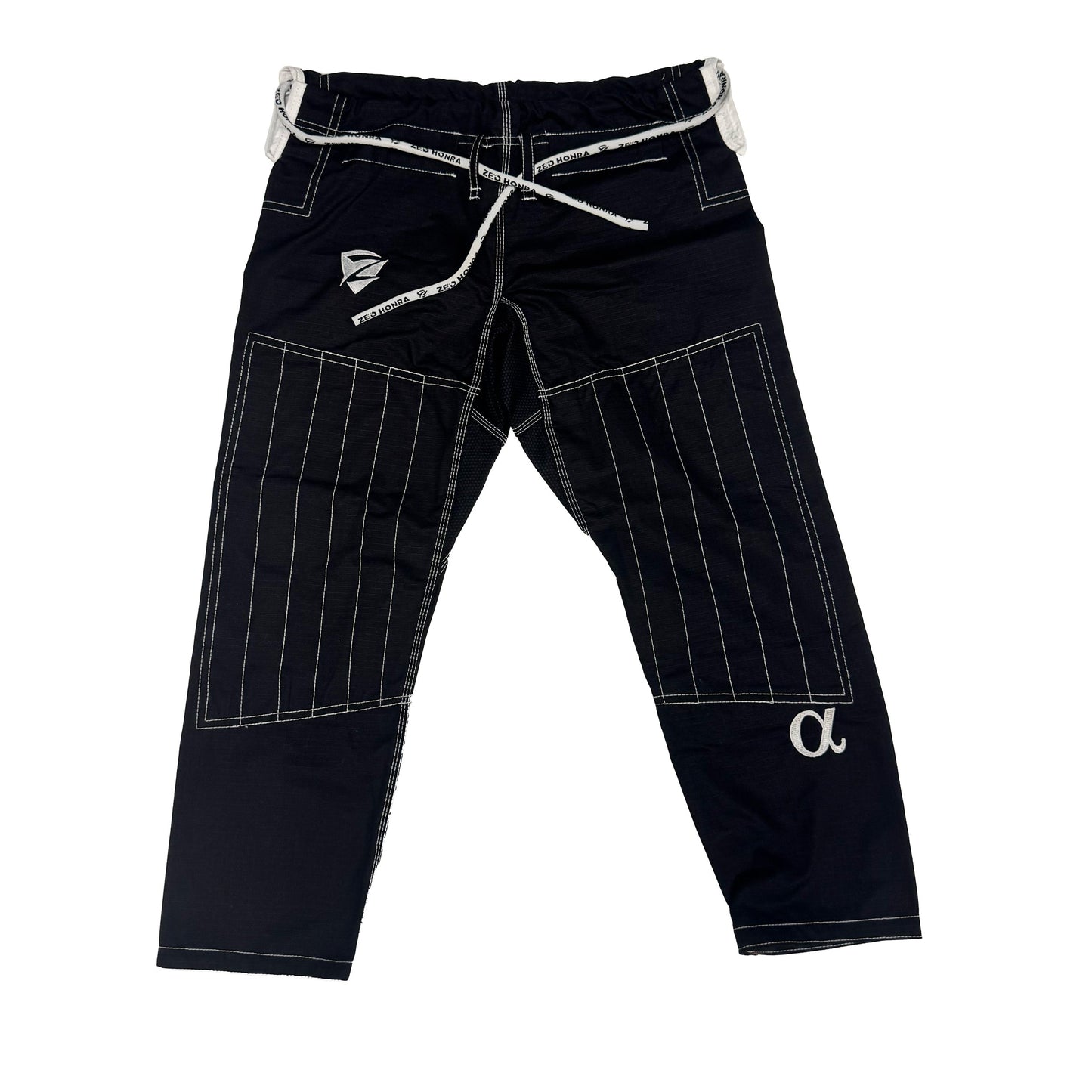 Black pants with white stitching on a white background