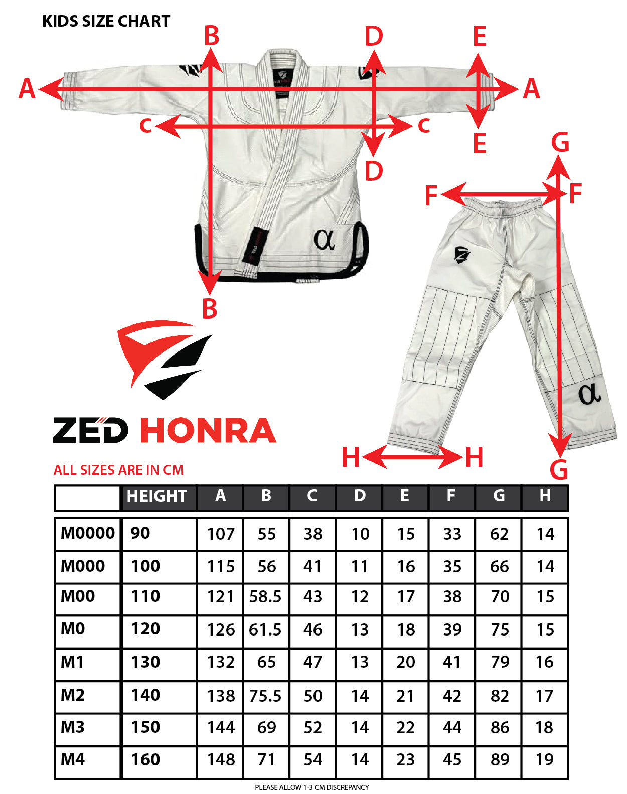 Zed Honra - Youth Alpha Gi - BJJ Kimono Size Chart
