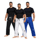 Three men wearing different colored martial arts pants on a white background