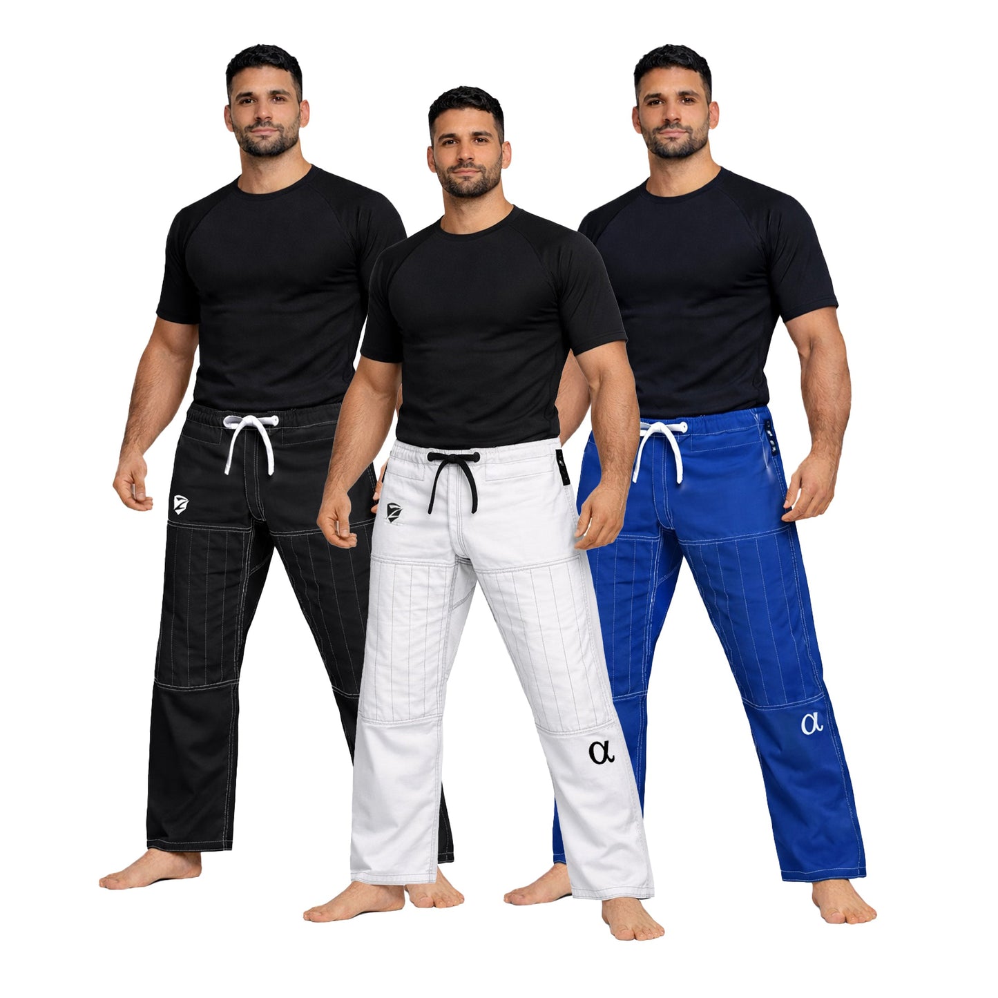 Three men wearing different colored martial arts pants on a white background