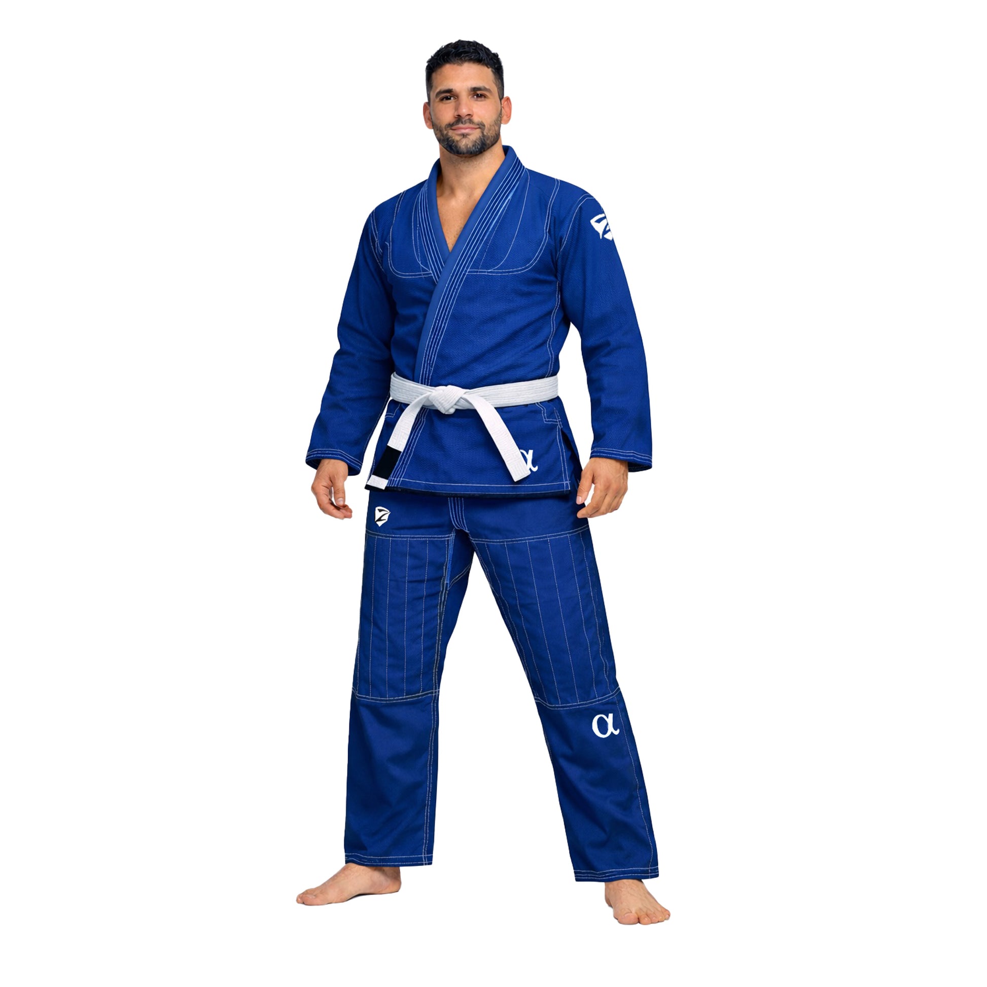 Man wearing a blue martial arts uniform with a white belt on a white background