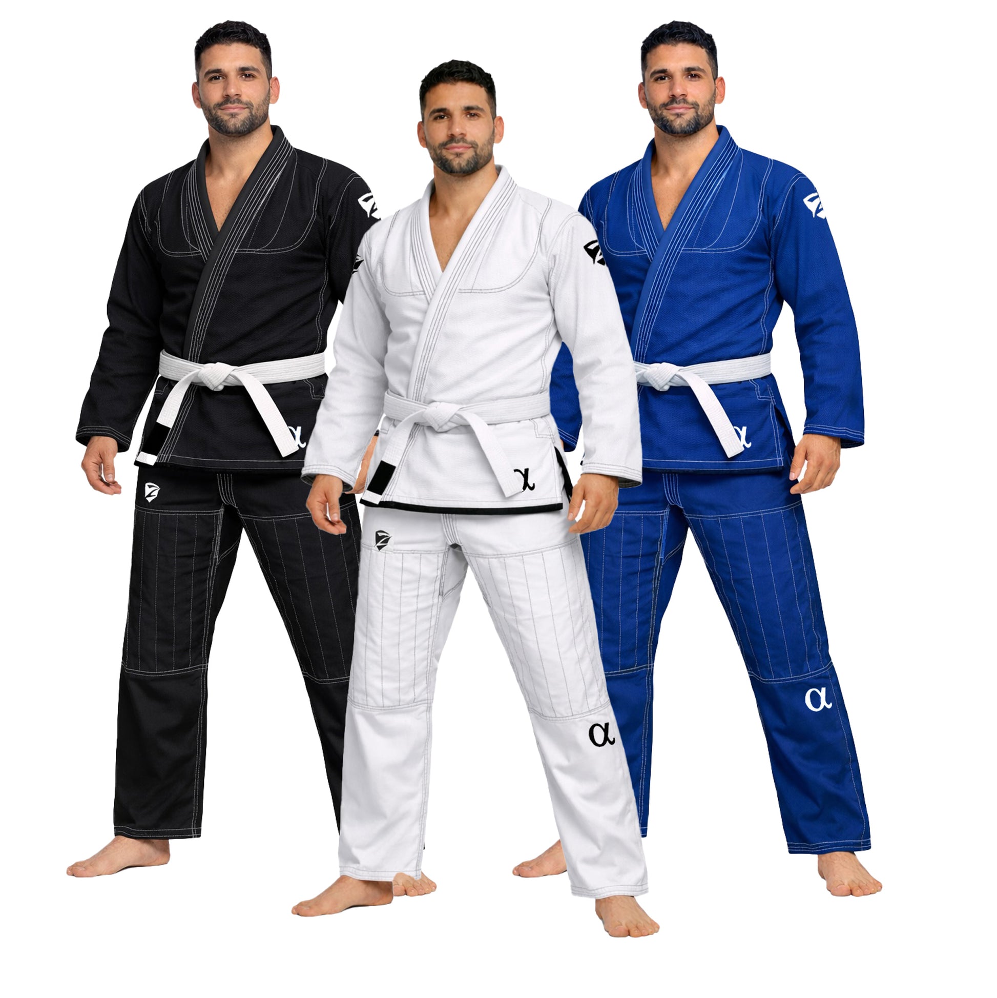 Three men wearing black, white, and blue martial arts uniforms on a white background
