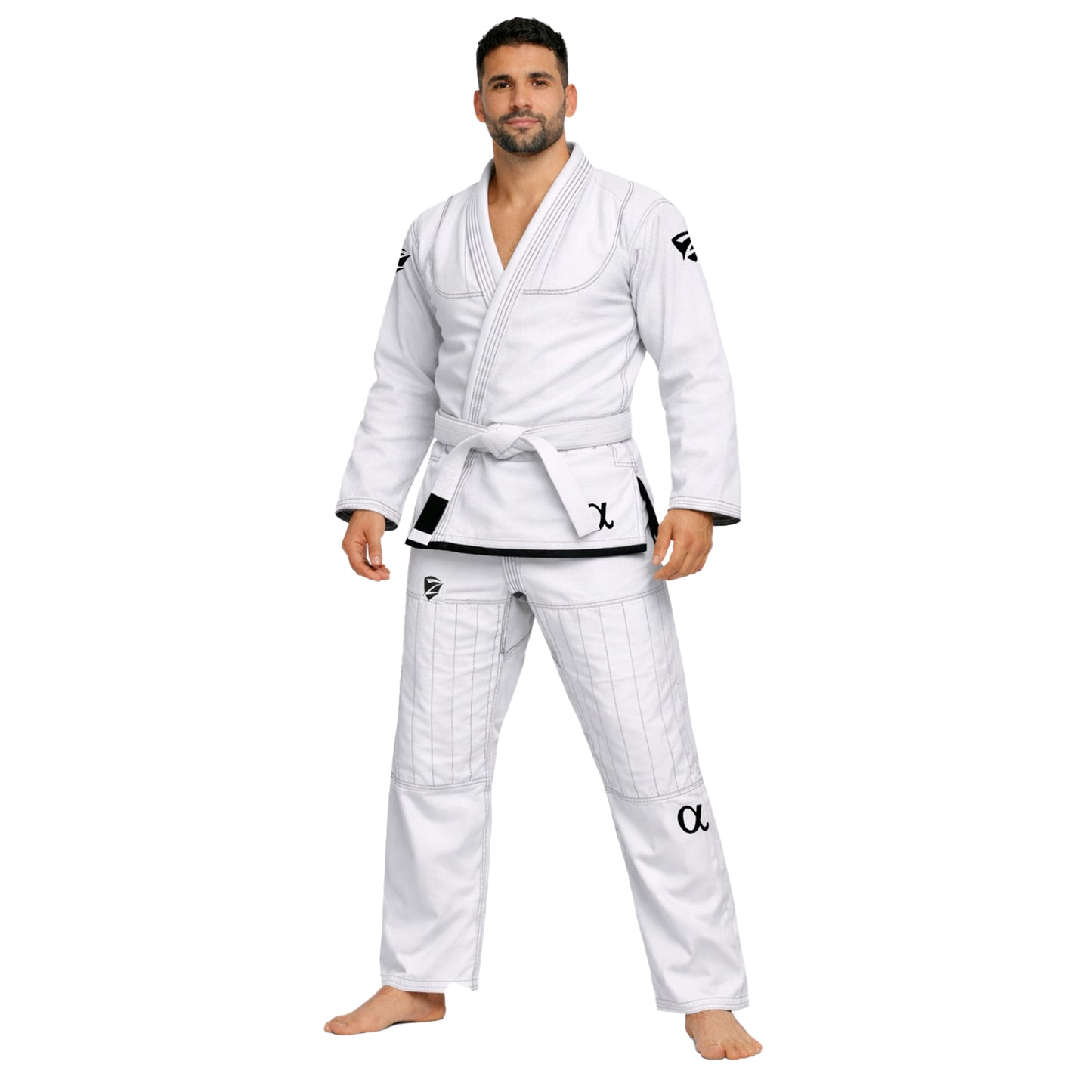 Man wearing a white martial arts gi with black accents on a white background