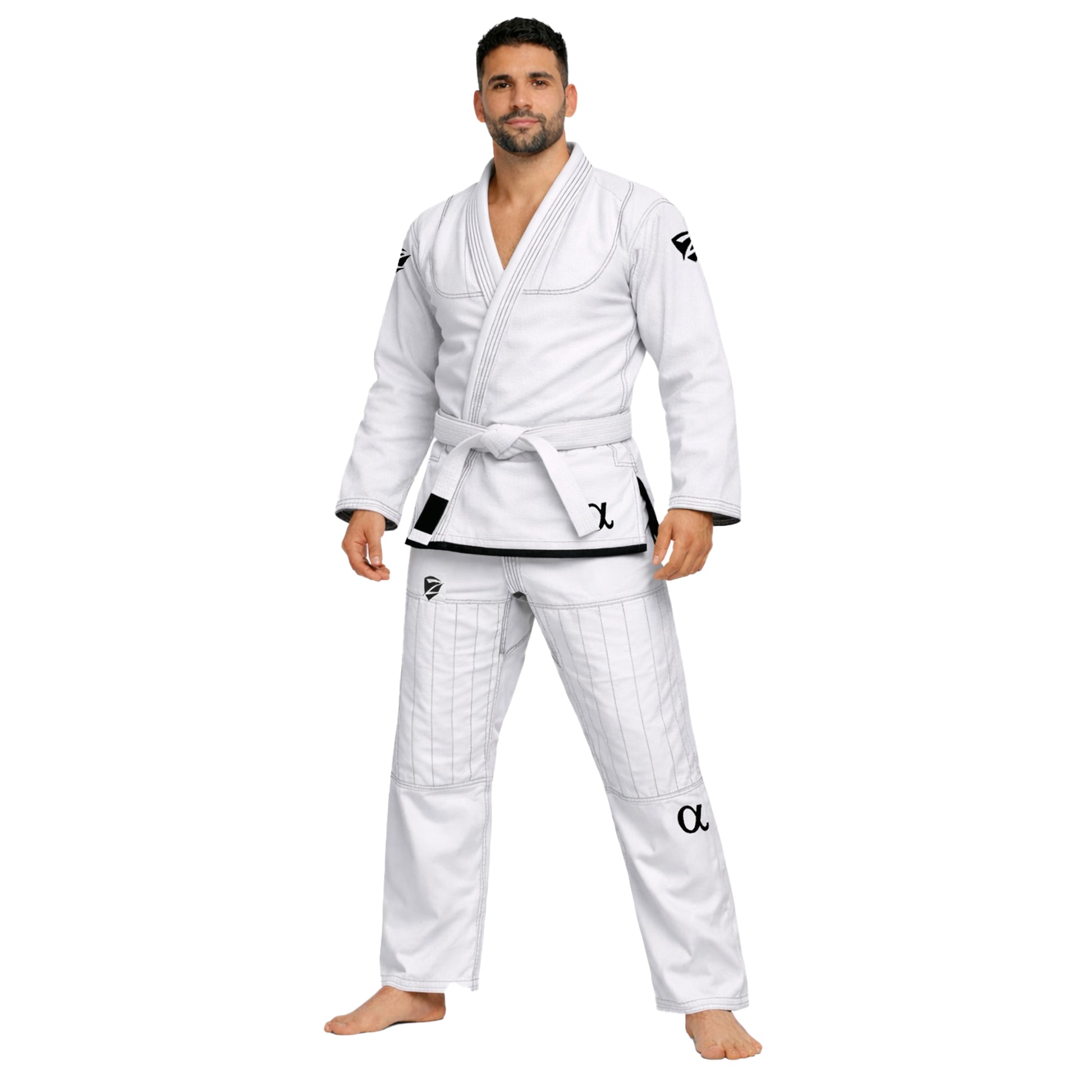 Man wearing a white martial arts gi with black accents on a white background