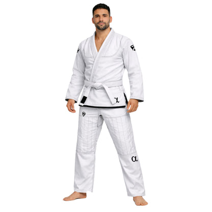 Man wearing a white martial arts gi with black accents on a white background
