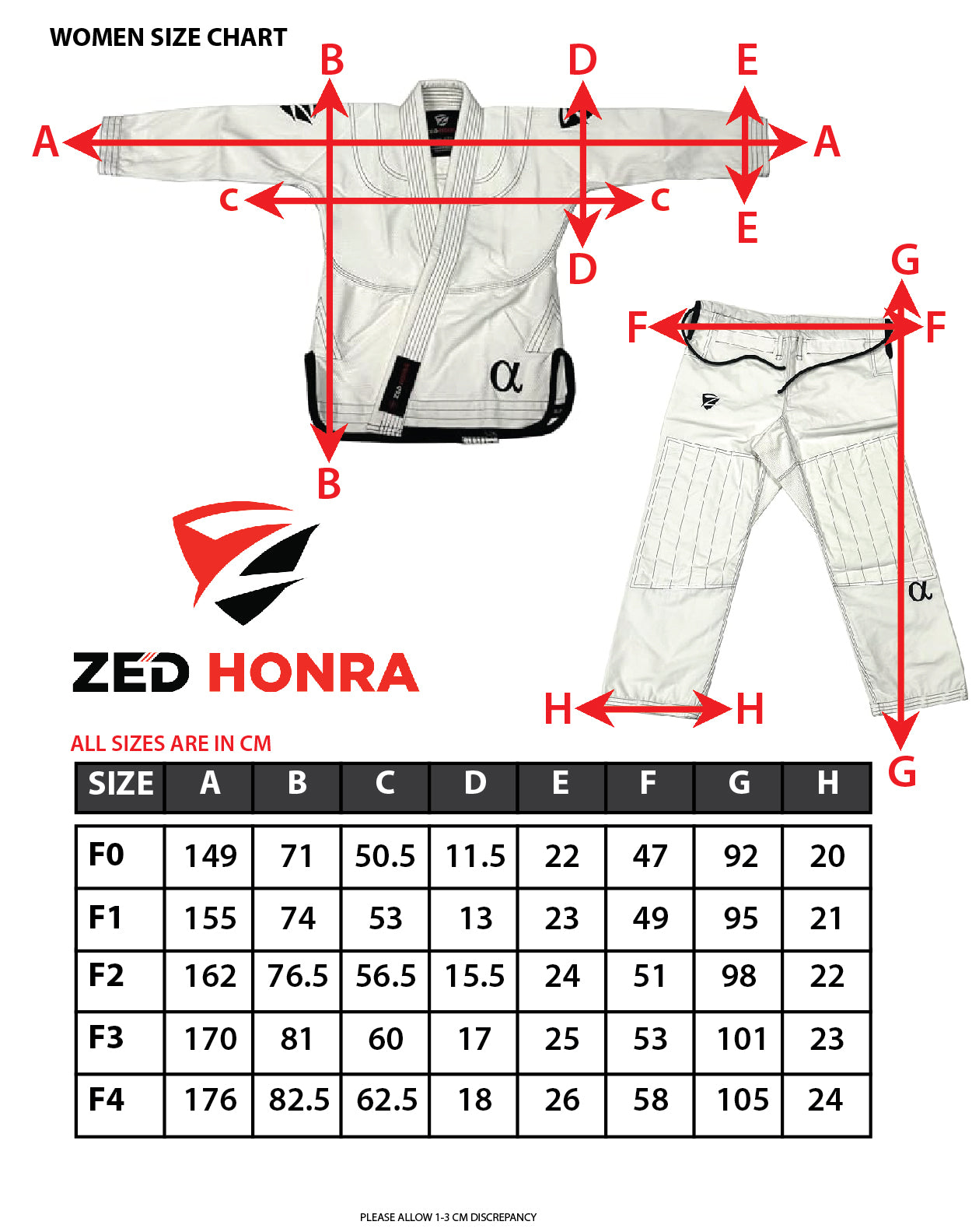 Zed Honra - Women's Alpha Gi - BJJ Kimono Size Chart