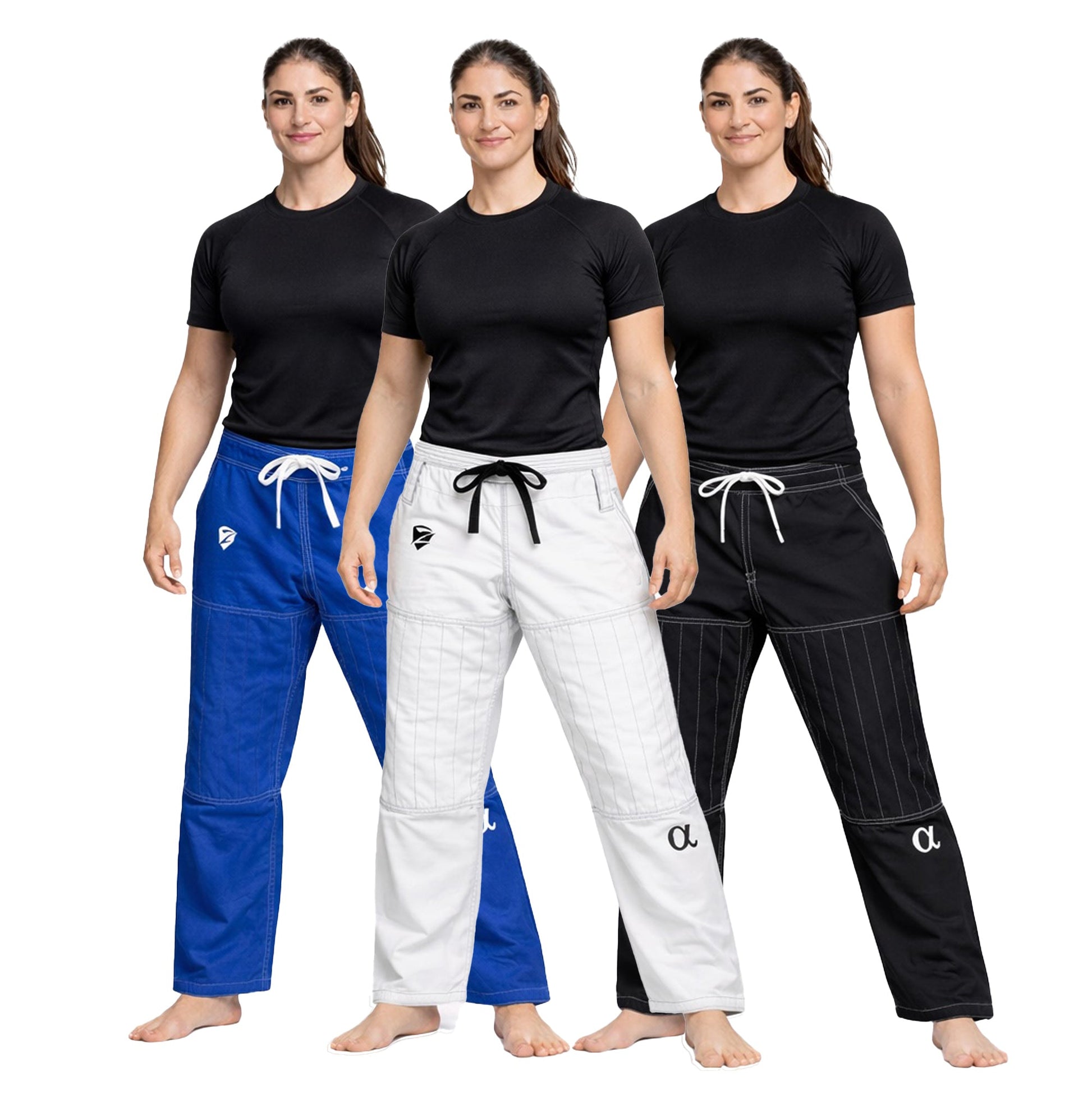 Three women wearing different colored martial arts uniforms on a white background