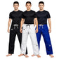 Three individuals wearing different colored martial arts uniforms on a white background