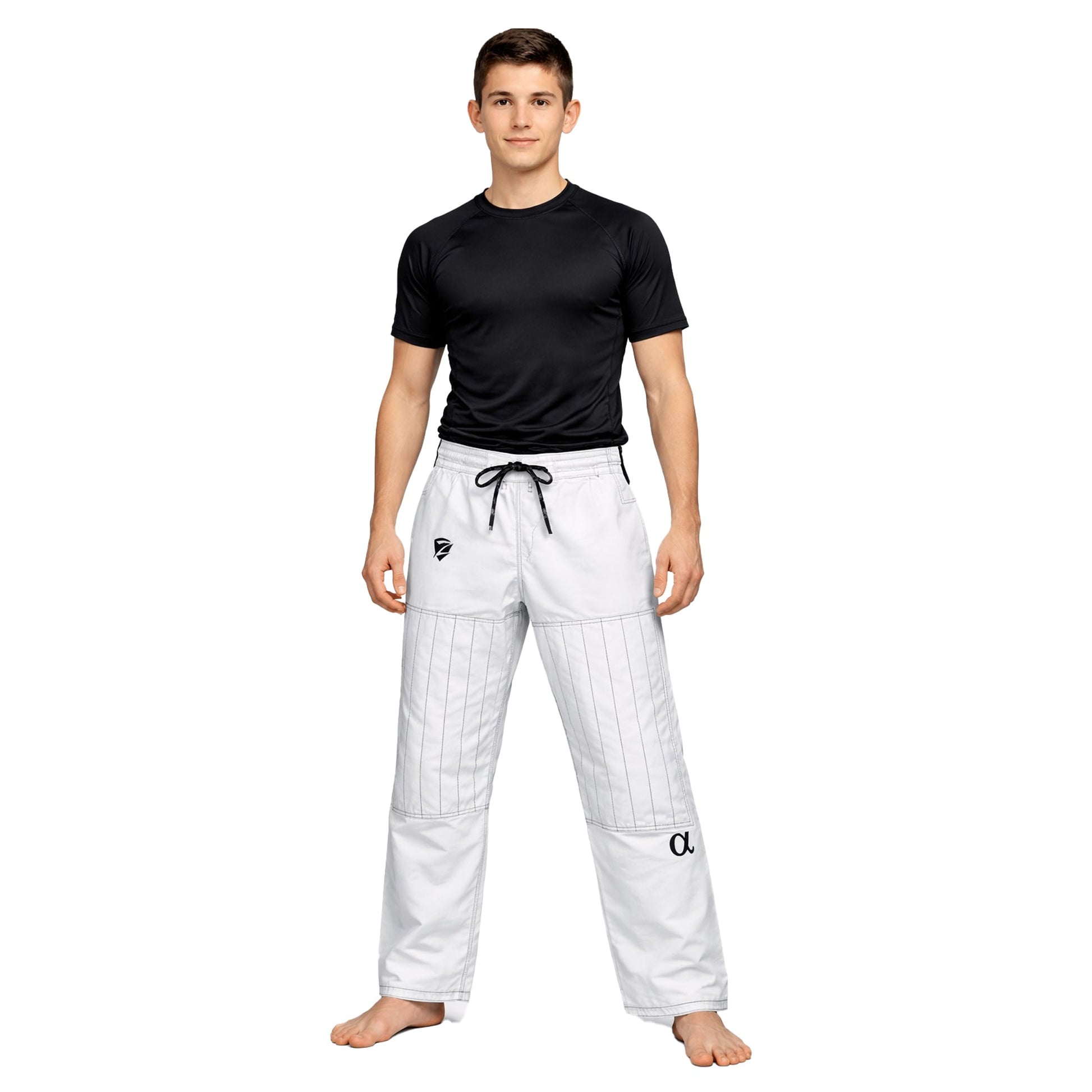 Person wearing a black t-shirt and white martial arts pants on a white background
