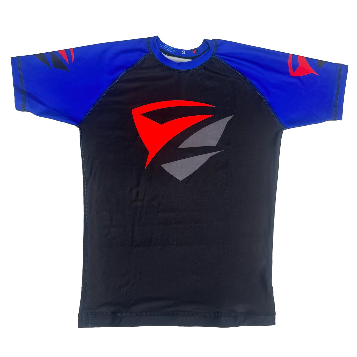 Black Adult Model 1R Ranked Rash Guard – Blue Belt Variant (Flat Lay Front)