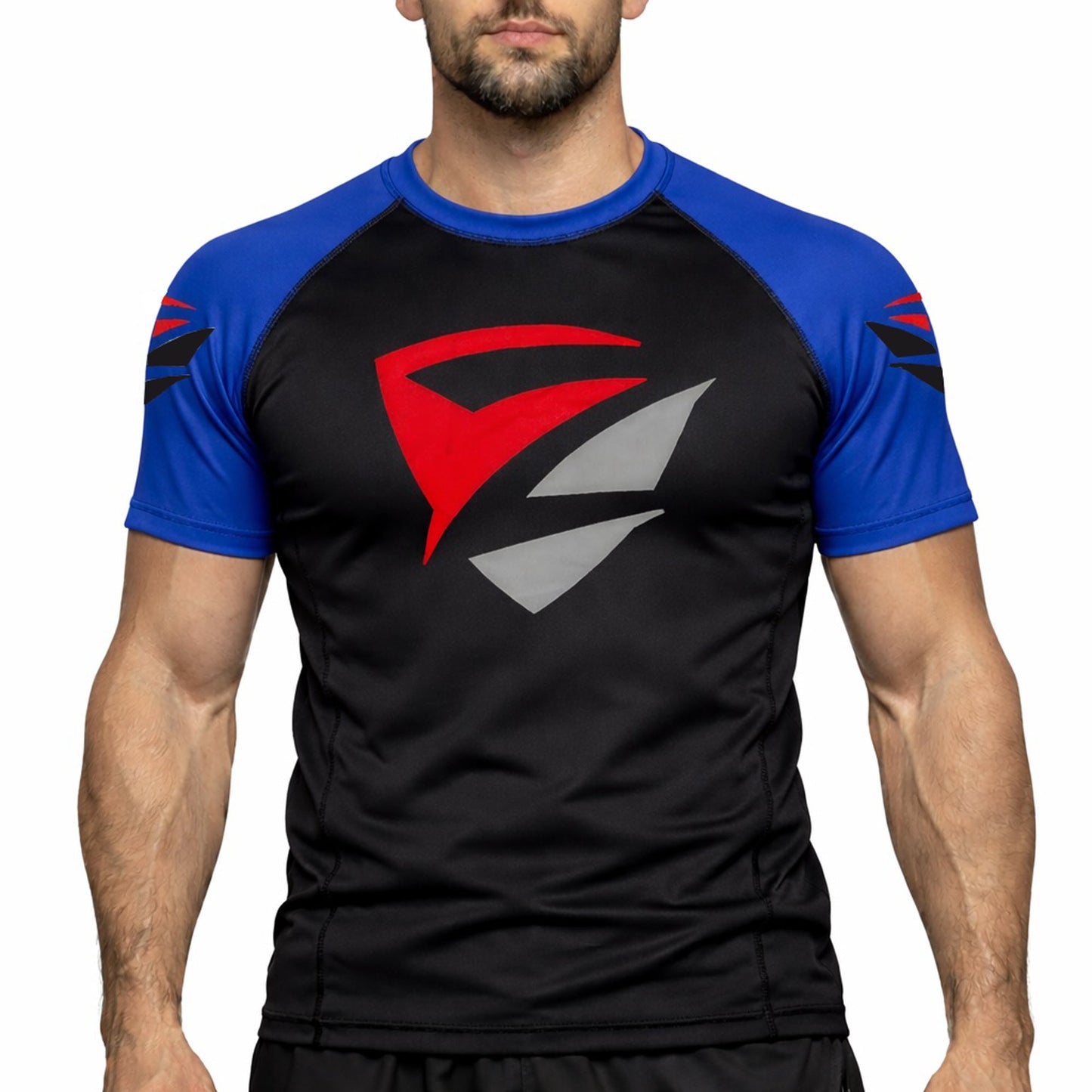 Adult Model 1R Ranked Rash Guard – Black Base with Blue Belt Sleeves (Front View)