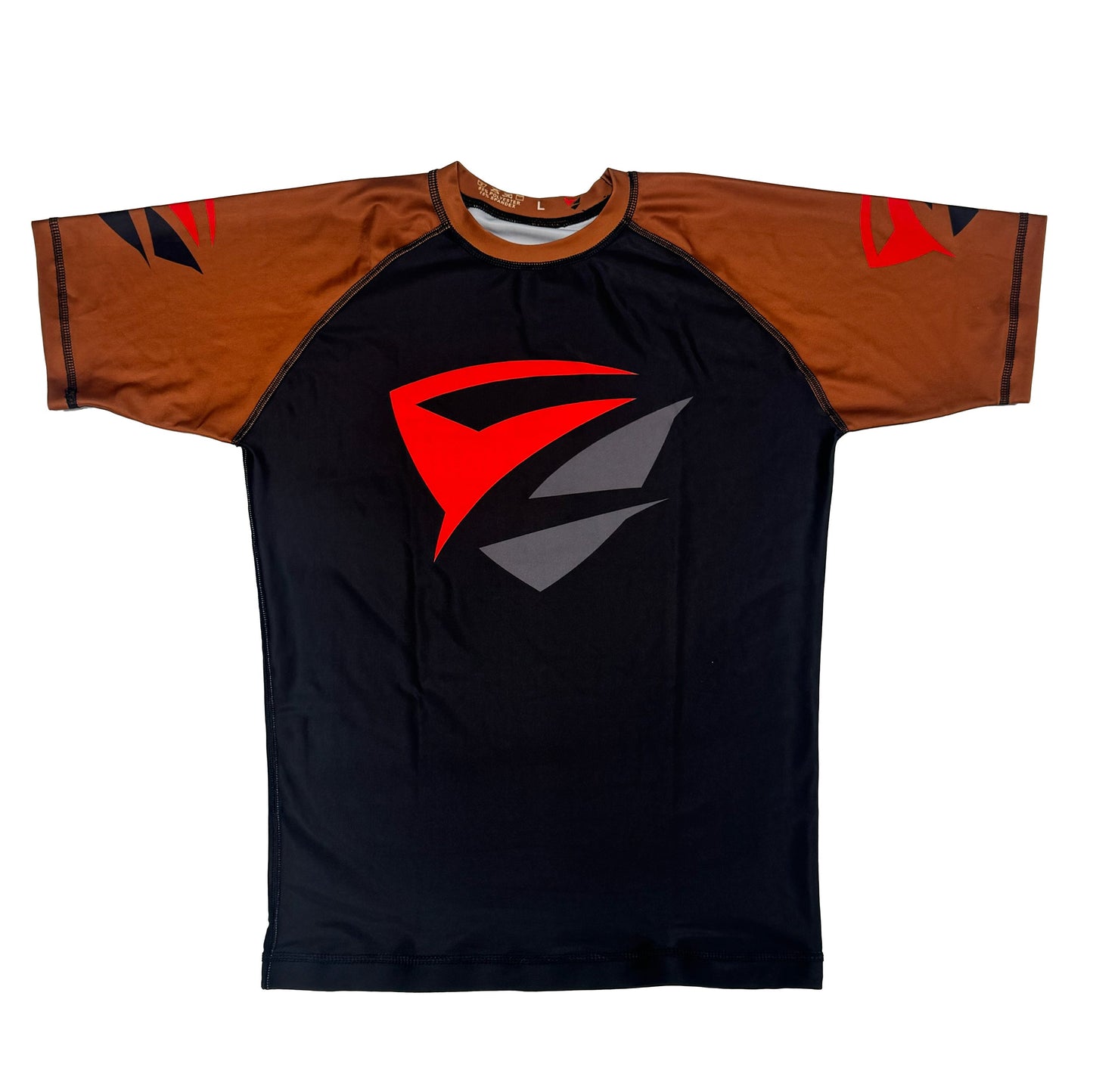 Black Adult Model 1R Ranked Rash Guard – Brown Belt Variant (Flat Lay Front)