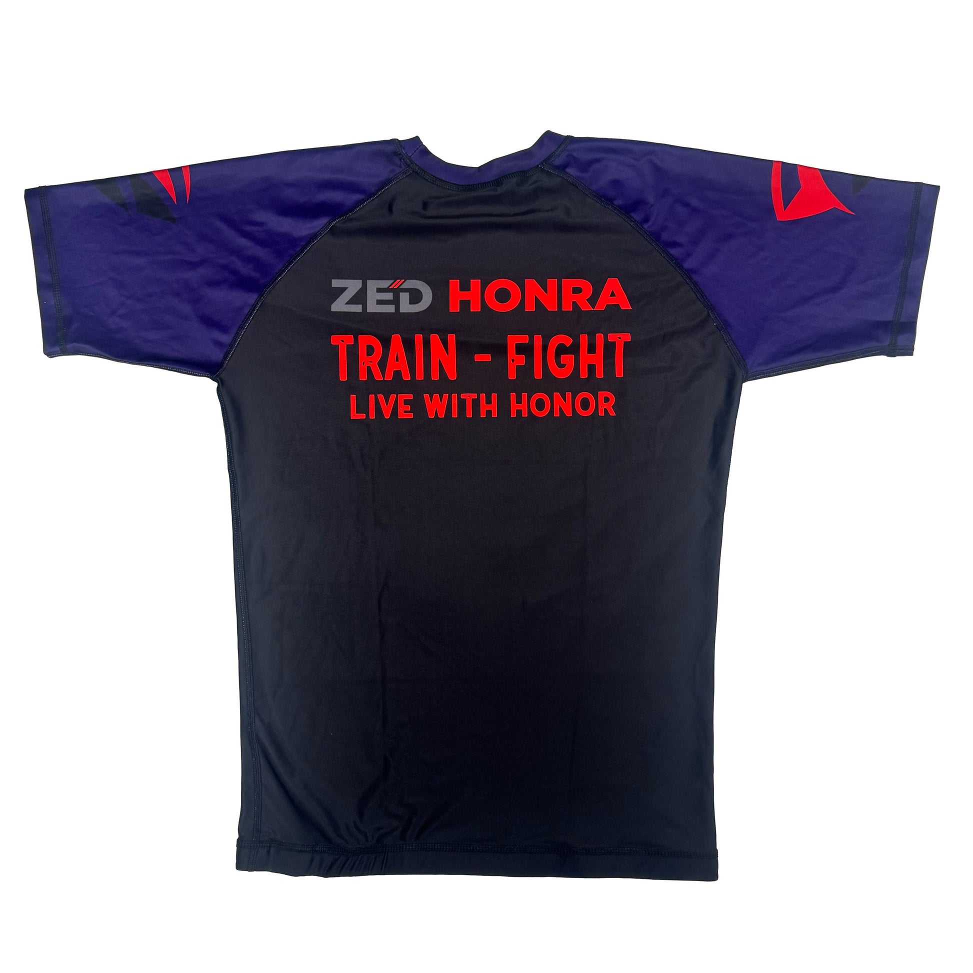Black Adult Model 1R Ranked Rash Guard – Purple Belt Variant (Flat Lay Black)