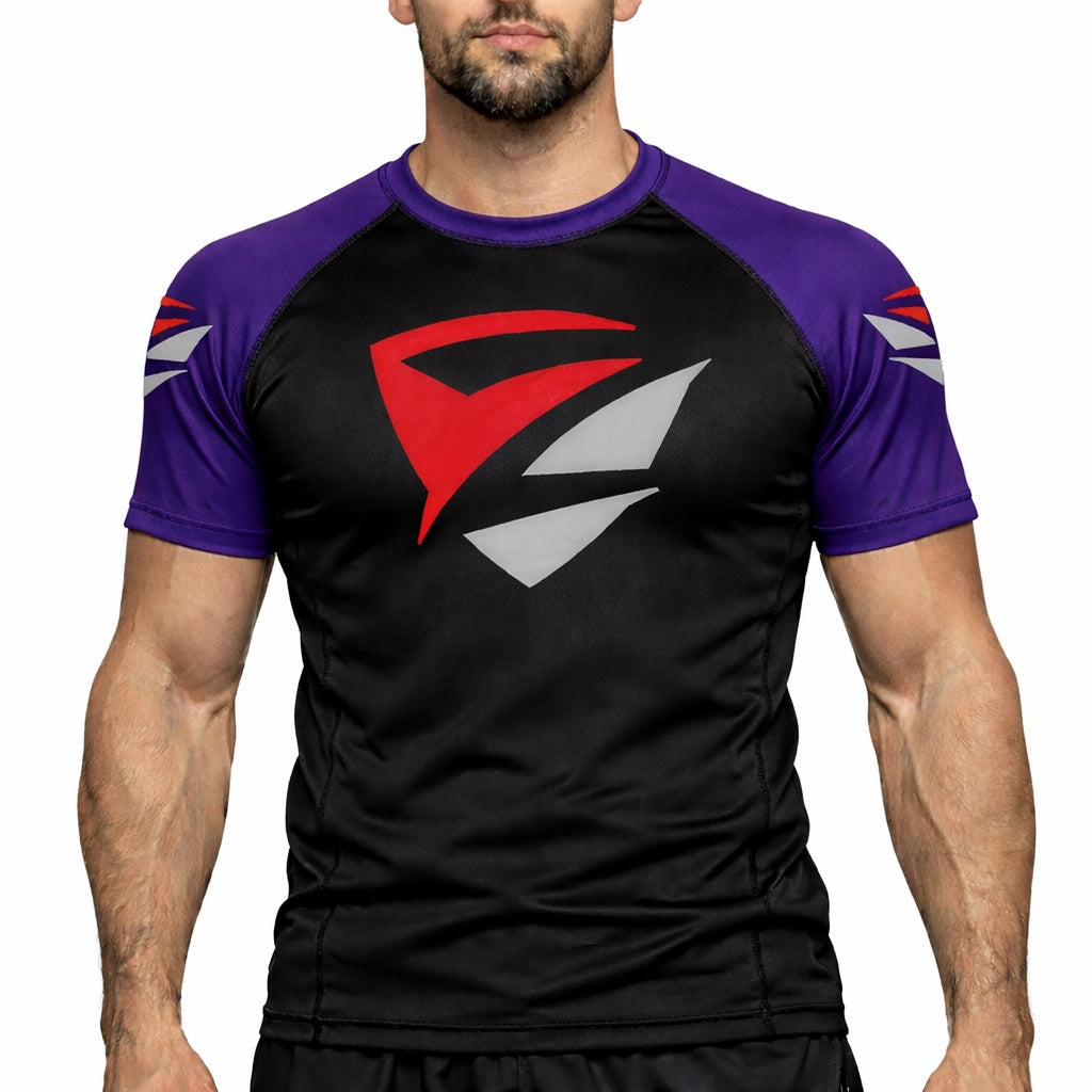 Adult Model 1R Ranked Rash Guard – Black Base with Purple Belt Sleeves (Front View)