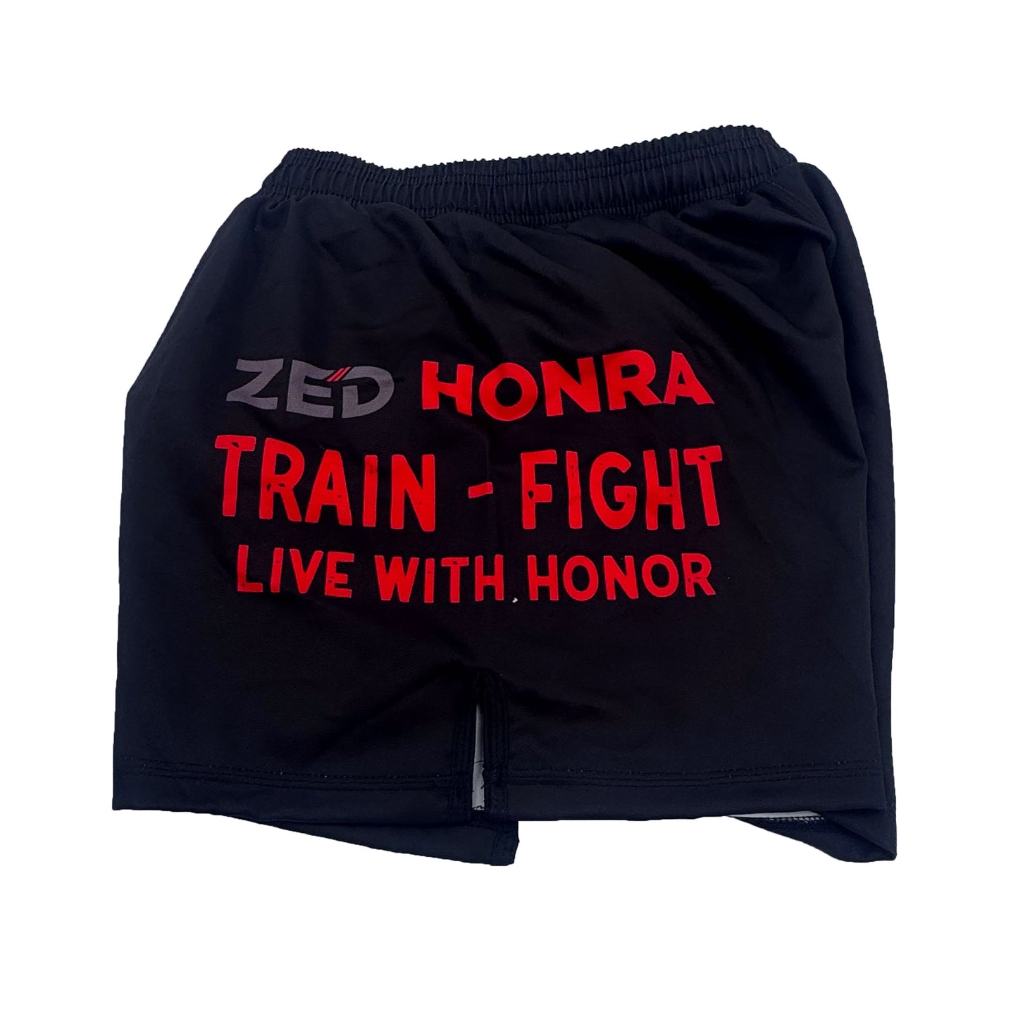 Zed Honra Model 1 Youth No-Gi Shorts – Left Leg with ‘Train. Fight. Live with Honor’ Tagline