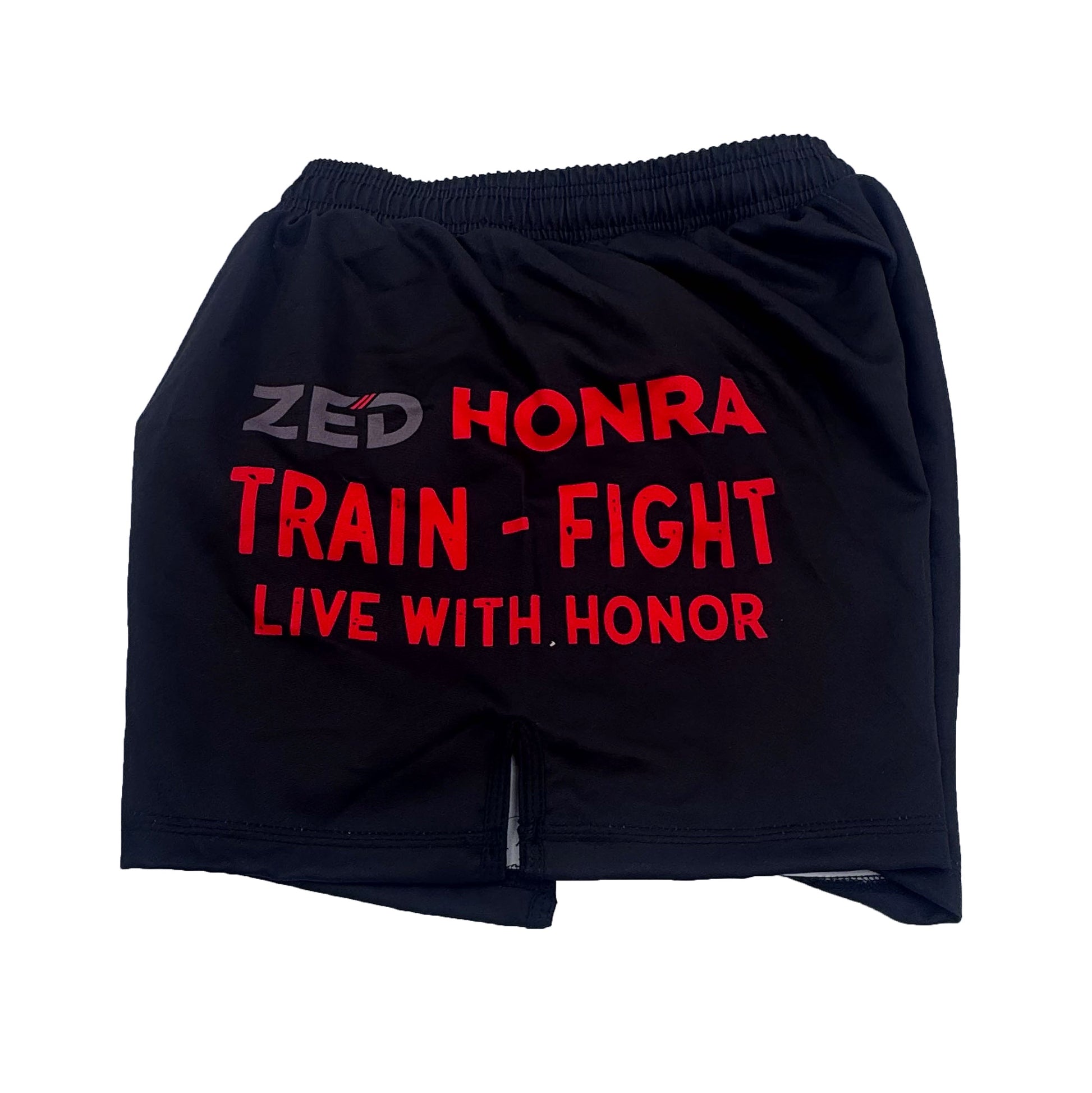 Zed Honra Model 1 Youth No-Gi Shorts – Left Leg with ‘Train. Fight. Live with Honor’ Tagline