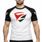 Adult Model 1R Ranked Rash Guard – White Base with Black Belt Sleeves (Side View)