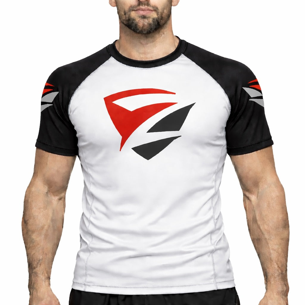 Adult Model 1R Ranked Rash Guard – White Base with Black Belt Sleeves (Side View)