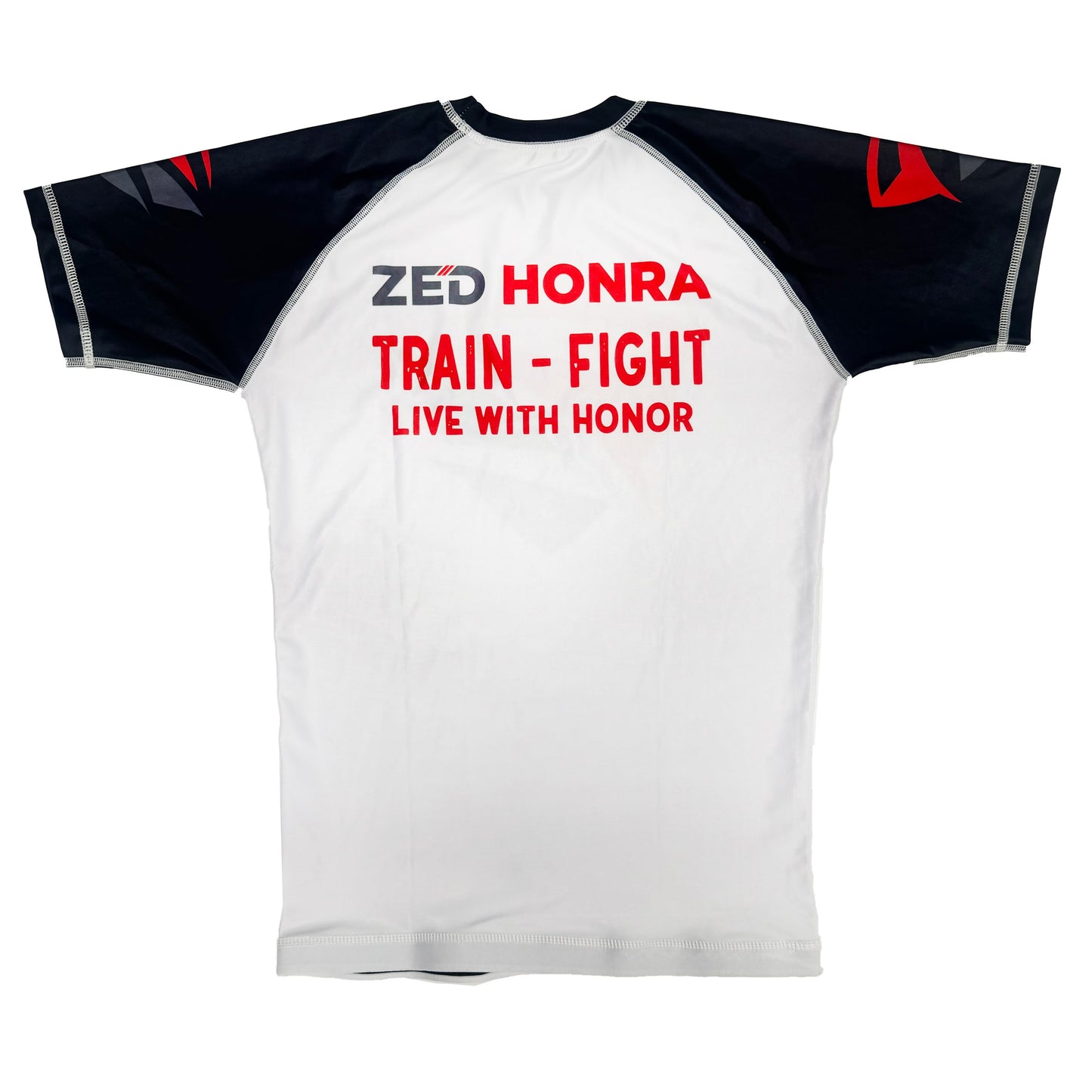 White Adult Model 1R Ranked Rash Guard – Black Belt Variant (Flat Lay Back)