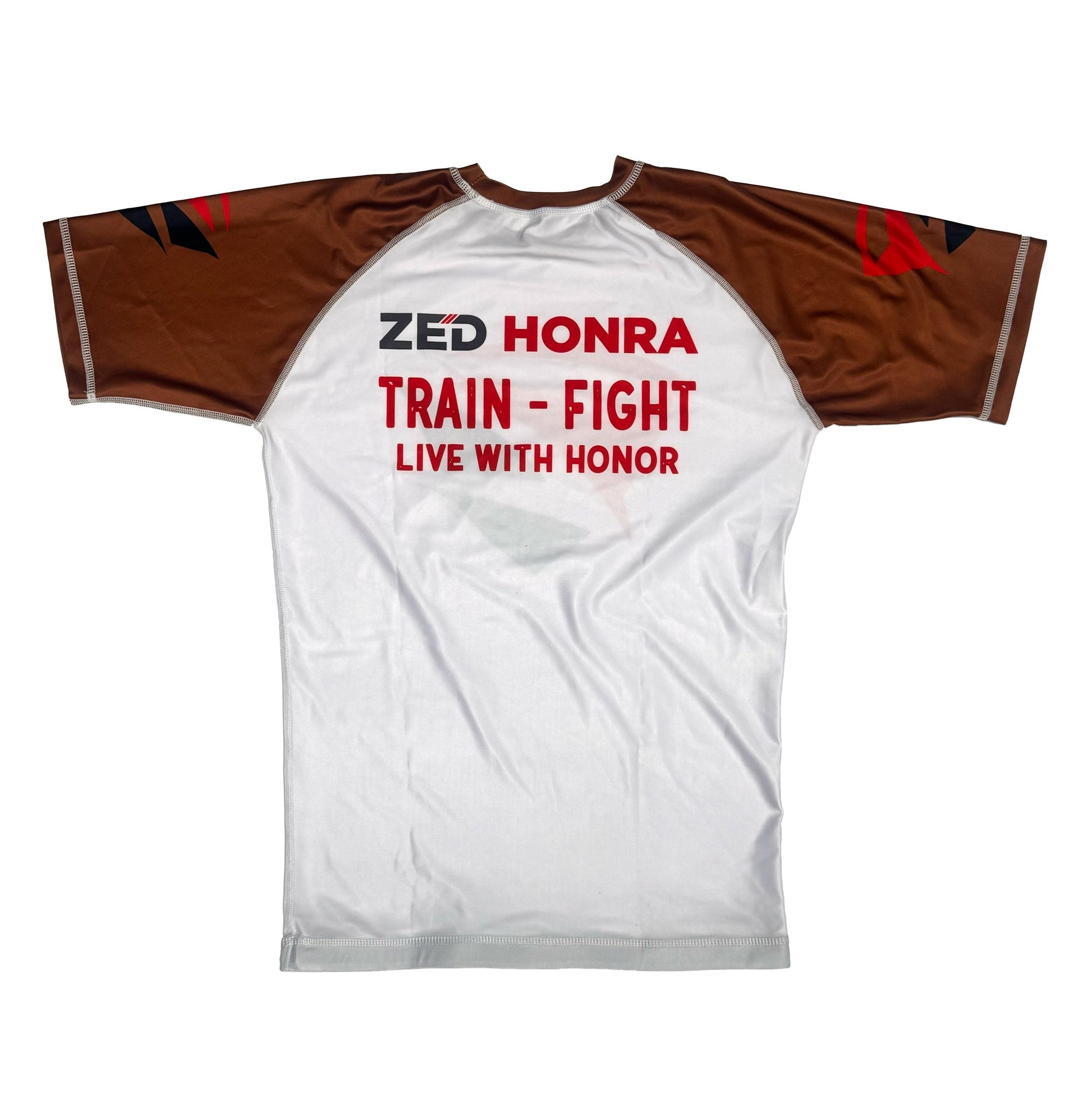 White Adult Model 1R Ranked Rash Guard – Brown Belt Variant (Flat Lay Back)