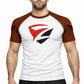 Adult Model 1R Ranked Rash Guard – White Base with Brown Belt Sleeves (Front View)