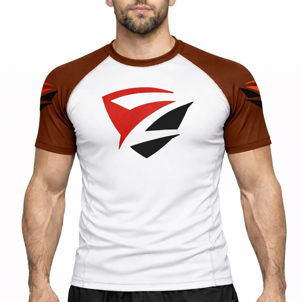 Adult Model 1R Ranked Rash Guard – White Base with Brown Belt Sleeves (Front View)