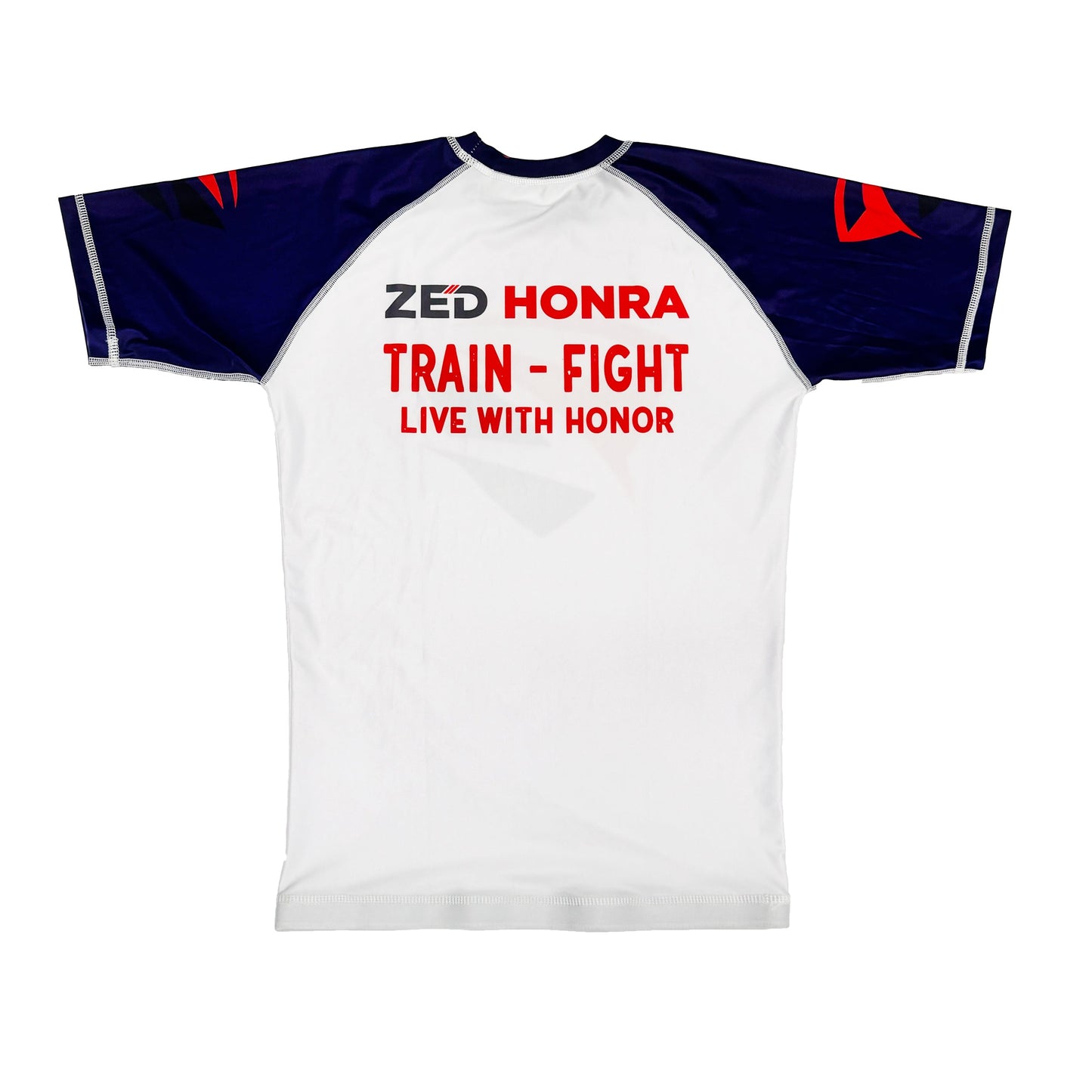 White Adult Model 1R Ranked Rash Guard – Purple Belt Variant (Flat Lay Black)