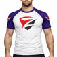 Adult Model 1R Ranked Rash Guard – White Base with Purple Belt Sleeves (Front View)