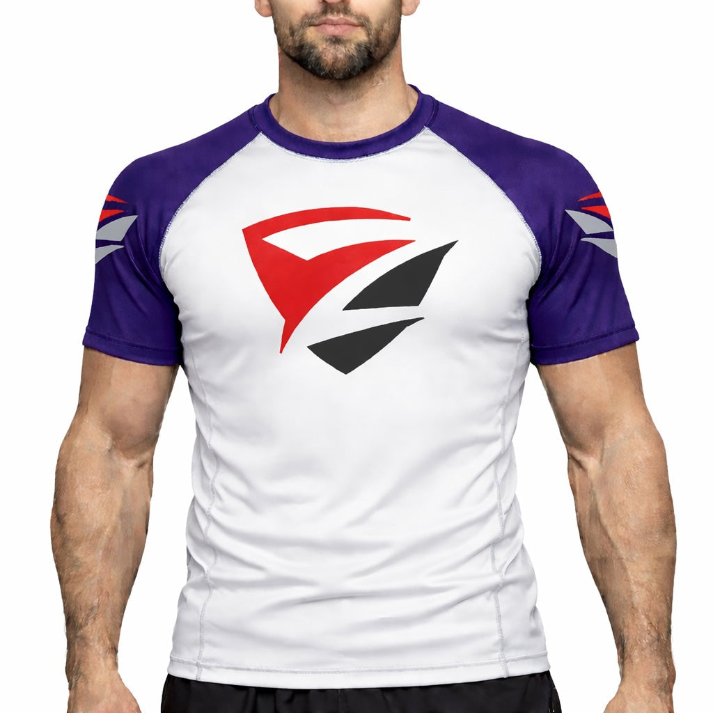 Adult Model 1R Ranked Rash Guard – White Base with Purple Belt Sleeves (Front View)