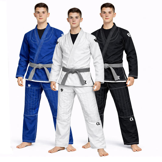 Three individuals wearing blue, white, and black martial arts uniforms on a white background