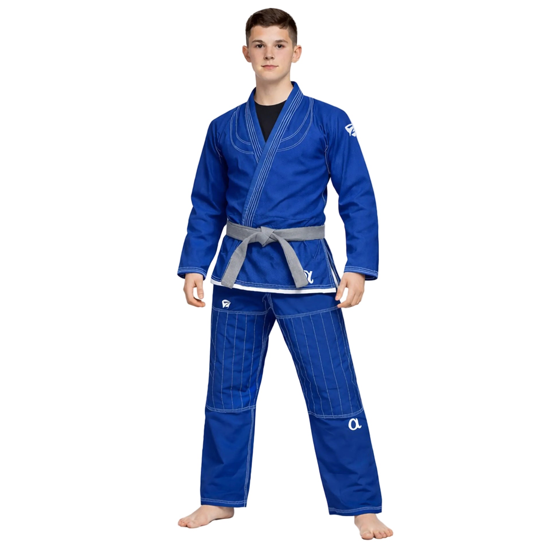 Person wearing a blue martial arts uniform on a white background