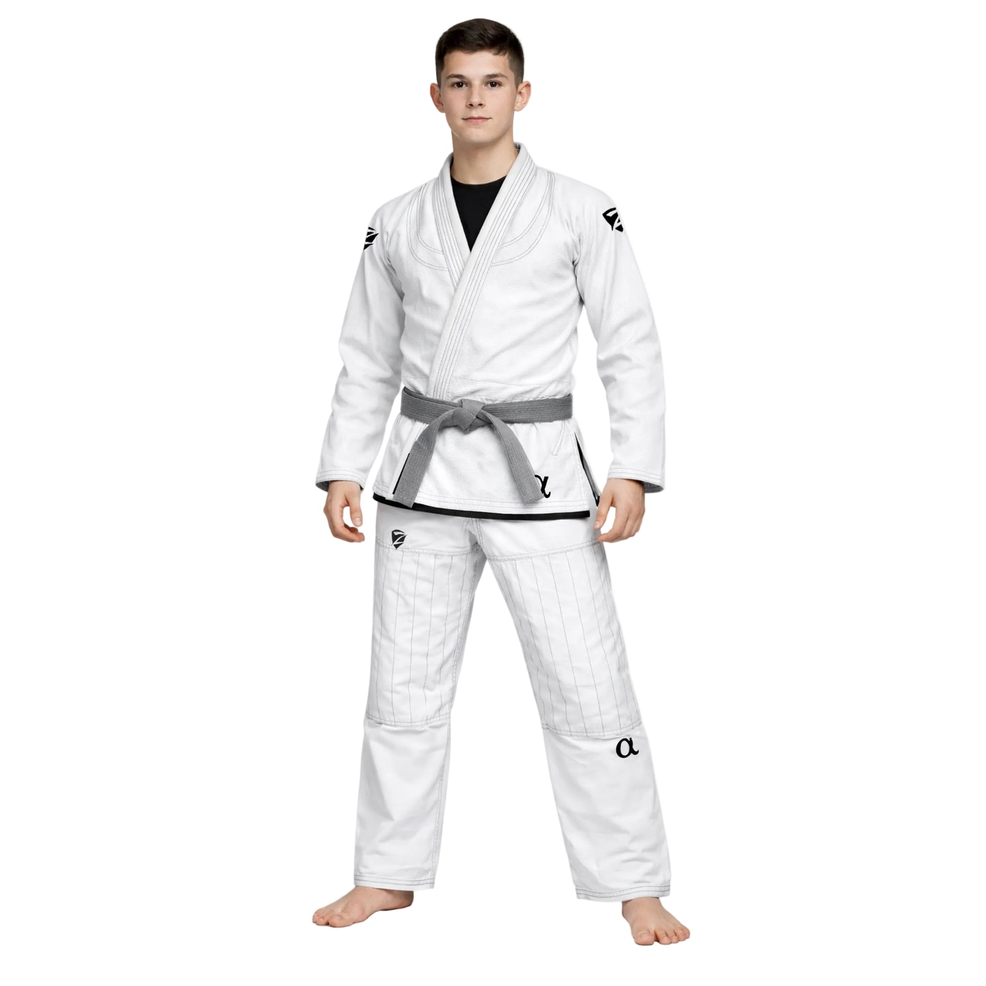 Person wearing a white martial arts uniform on a white background