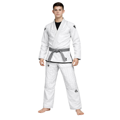 Person wearing a white martial arts uniform on a white background